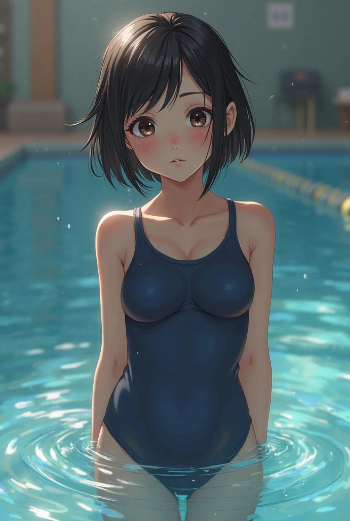 Drowning, short shorts, top, cleavage, cleavage visible, eyes rolling back, gasping for air, gasp, looking up, sad, worried, not angry, not annoyed, underwater, swimming, out of air, lack of air, asphyxiation