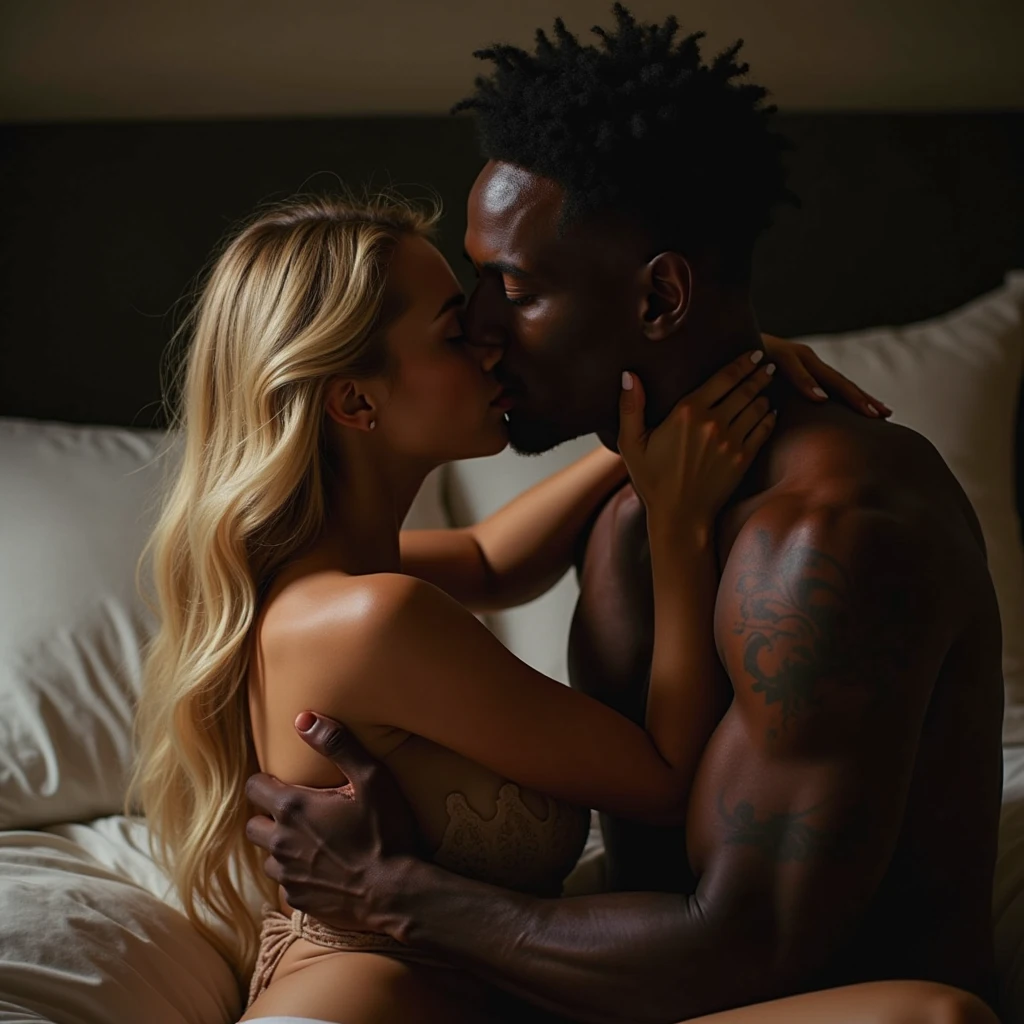 ((Photorealsitic:1.4)), (​masterpiece:1.3), (top-quality:1.4), (ultra realistic sexy well proportioned), full body of 
((innocent and (sexy) little 25 years woman) and 
(very tall ((muscular)) black man )), 
man lycra black briefs, powerful jaw, dreadlocks, detailed medium dreadlocks, dominant, big muscular arms, wide chest, narrow waist, strong legs, clean face, dangerous man, man without beard,
woman subtle anticipation smile, ((extremely irish pale skin)) , naked pink nipples, (detailed nipples), (subtle Eye makeup, mascara), ((thin small lips)), ((blonde glamorous medium hair)), ((glamorous Stylish hairstyle)) , ((((big) rounded) deep blue eyes)), subtle narrow jaw, (Natural medium breasts), (extremely beautiful detailed face),Beautiful bangs, Glowing white shiny skin, Bangs that extend to the face, tight body, tonned abs,
(cozy night bedroom), 
alternative vibe,vibrant lighting, high contrast,dramatic shadows,highly detailed,detailed skin,depth of field,dynamic angle,glimmer lighting, film grain, 
woman (white plane translucid night gown, pink undies) 
man lycra thong, 
man sit at the bed, woman sit on lap with open legs, her legs around his waist, looking at her with desire, looking him with anticipation, his hand on her groin, sexy bite lips , 5 toes, perfect feet, passionate pose, perspective, perfect body, visually showing the difference in sizes
