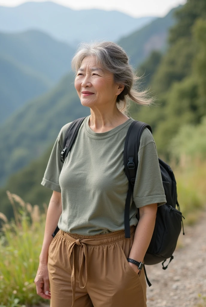 old woman with a long white hairs walk in mountain, she dress a white t shirt and sport mountain pants, she's tired, she's old woman, she is serene, she's funny ,