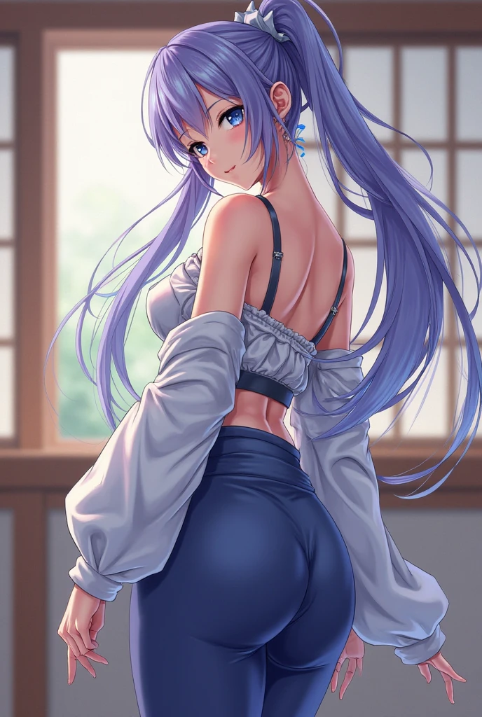 masterpiece, ultra-detailed hair, better lights, better shadows,1girl, yukino, breasts, skirt, silver hair, solo, long hair, large breasts, blue eyes, braid, ass, looking at viewer, braided ponytail, hair ornament, sleeveless, hair flower, white skirt, shirt, indoors, flower, looking back, bangs, bare shoulders, pantyhose, from behind, window, thighs, mole under eye, sleeveless shirt, black shirt, blush, bare arms, office lady, very long hair, plant, contemporary, parted lips, miniskirt, single braid, closed mouth, blue flower, pantylines, ribbed shirt,