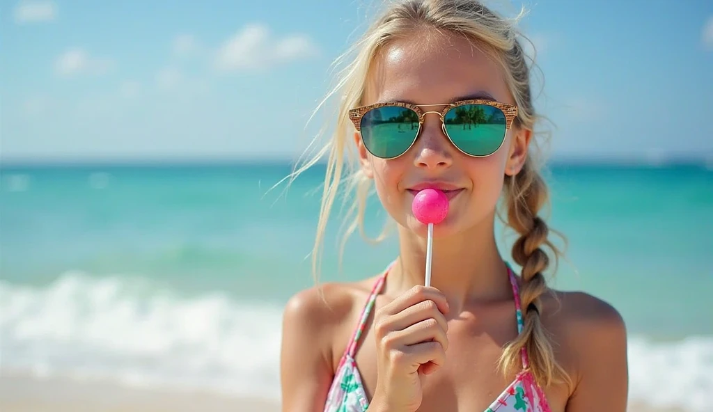 Need a portrait image of a women on a beach with tropical attire and transparent shades on her eyes, making bubble gum ballon