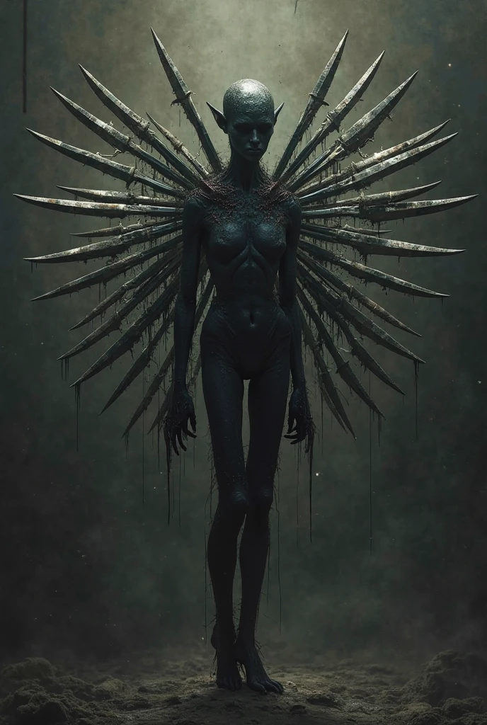 ((best quality)), ((masterpiece)), (detailed), monstrous, Beautiful, Best quality, perfect lighting, NSFW, monster smile with crooked fangs, Very skinny, disproportionately long arms, head of a vulture, scruffy dirty feathers, diseased, worms, A sinister aura, something, chained, deity, cultist clothing, cosmic horror, full body