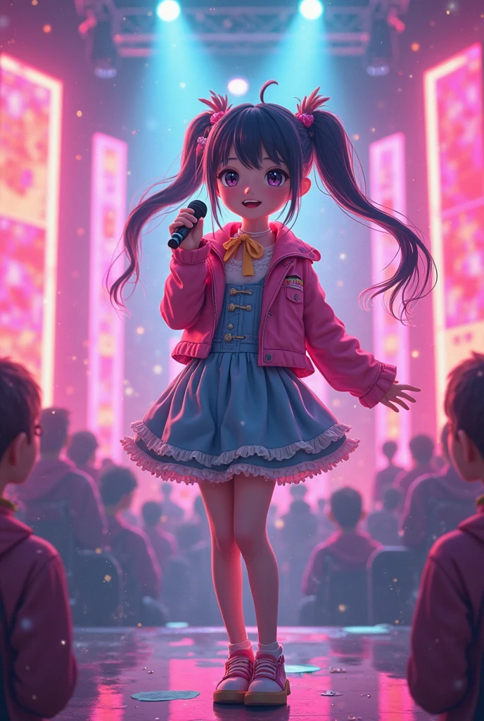  Long shot photo of a beautiful child girl, brown eyes, black straight medium straight hair, Japanese, performing on a colorful stage with colorful stage lights with a microphone, Top: Baby blue and white sweet collar, front button closure, baby blue solid short skirt and matching beautiful Bow Tie, flower clip with baby blue petals, white shoes with light blue laces