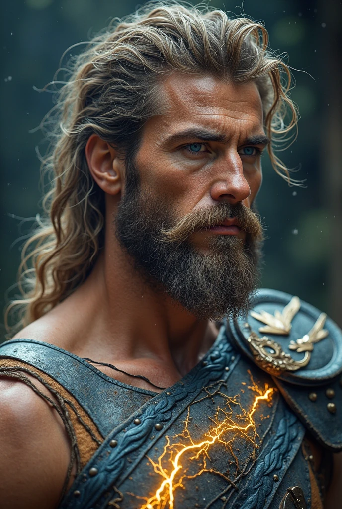 photograph  of a viking warrior with dirt in his face, broad shoulders, armor, heroic, beard, pronounced cheekbones, cloudy, masterpiece, best quality, high quality, 4K, trending, hard ring light, 50mm