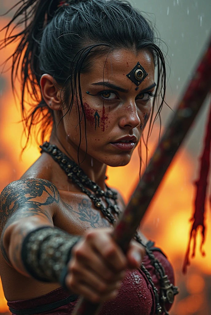 Hellish Scenery, badass, pretty black woman, bloodied, tattoos, holding a sword in one hand, silver blade shining, determined look, close up, photo-realistic, intricate details, high-quality, HD,