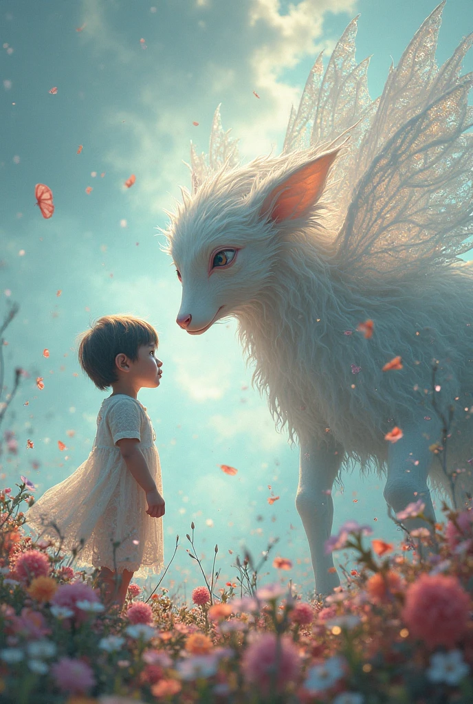 A huge dragon, winged by a little girl The dragon is white, has white bird wings, On his head he has lion fur and red eyes, has whiskers like a cat.
They are in a beautiful landscape full of flowers and the is reading a book while the dragon takes care of her..
The girl has a pink dress and her hair is loose., He has light brown hair