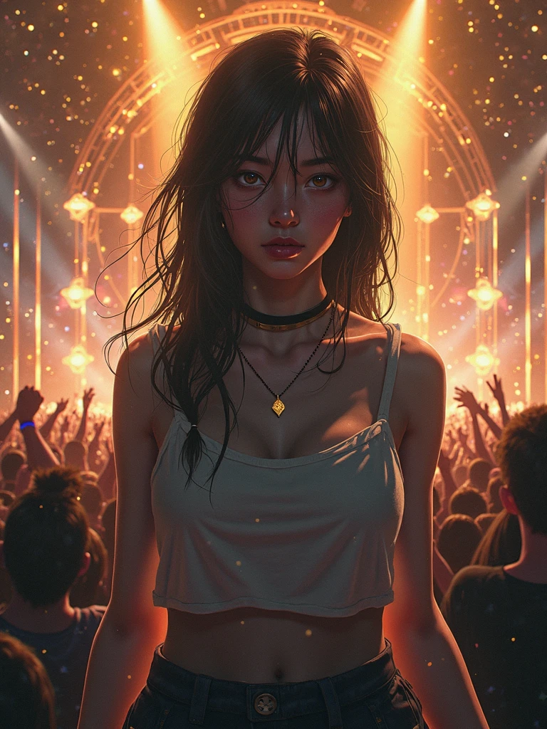 She is a fan who hates idols (are singers elevated to the rank of human gods). She is a fan and also stands on stage, and she has scary secrets, that she hides from everyone. highly detailed. The mysticism of what is happening, but realistically.