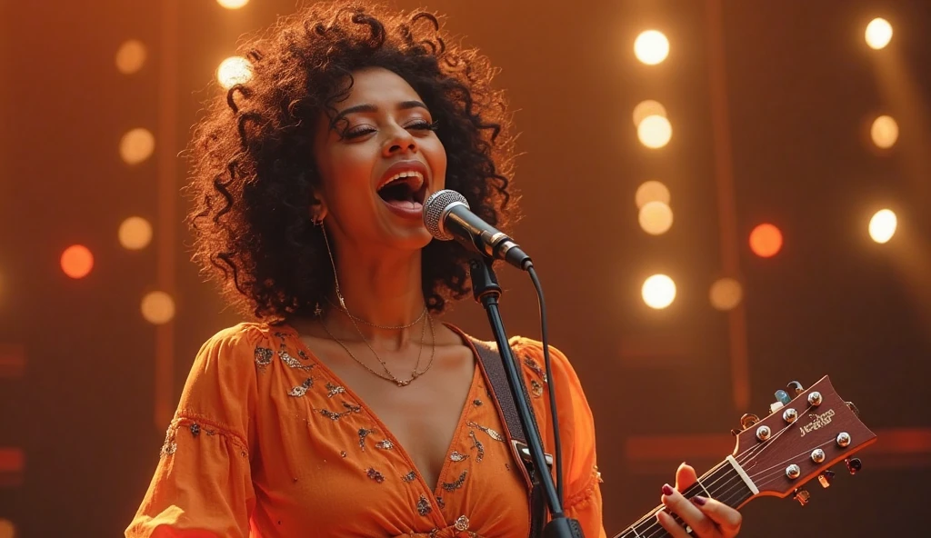 Singer with long curly hair, light brunette, beautiful yellow and green brazilian style clothes. With a dancer's microphone on stage