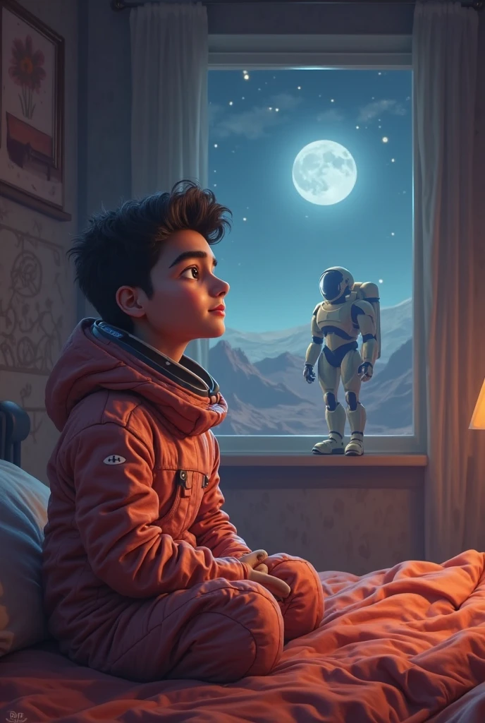 Garoto com roupa de astronauta deitado na cama --auto