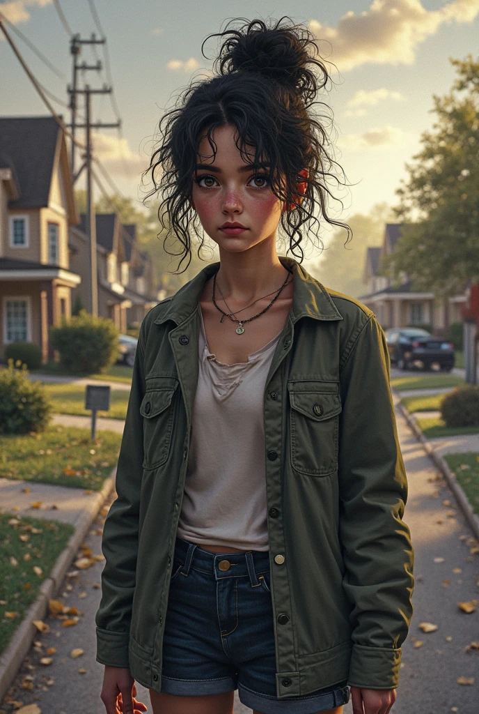 realistic art, child, girl, thin, apocalyptic scenery, brunette skin, flowery green blouse, jeans, backpack on the back, dusty clothing, black curly hair, brown eyes, soft expression, sunset, high saturation, suspense style --auto --s2