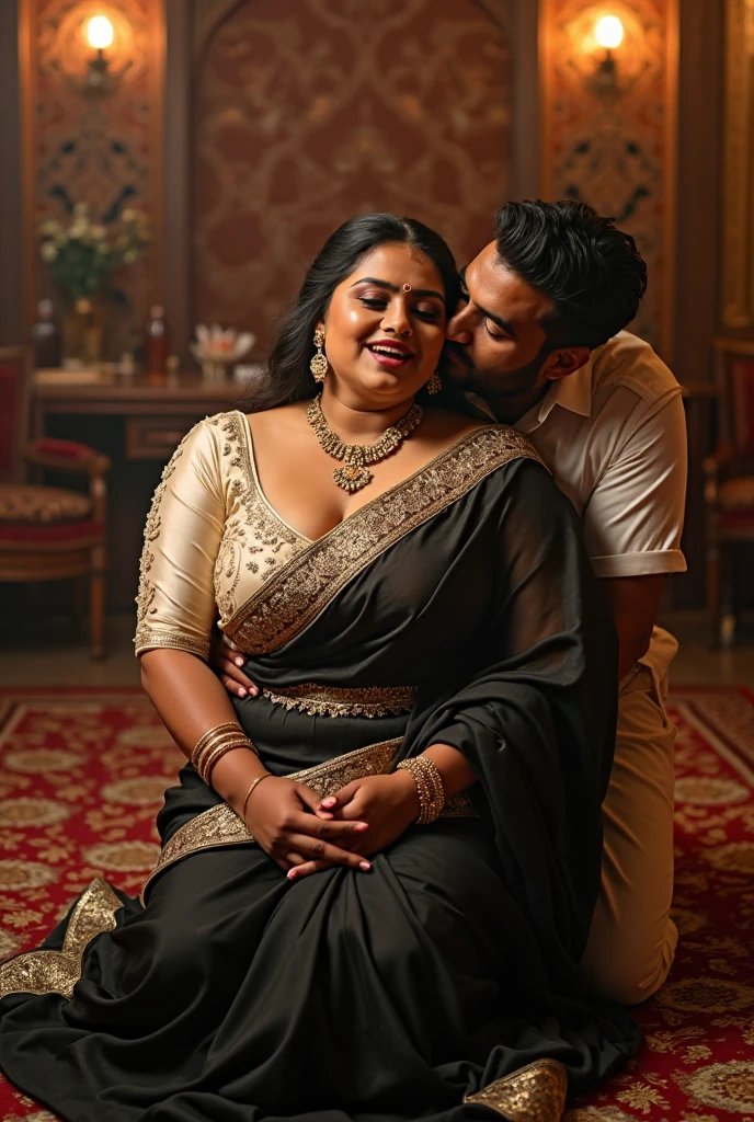 A radiant, full-figured South Indian 25 year old woman wearing a black saree tenderly hugging  a jubilant 25-year-old man while in living room, captured in a full-body image with vibrant hues and meticulous details. Belly button visible . Full body image