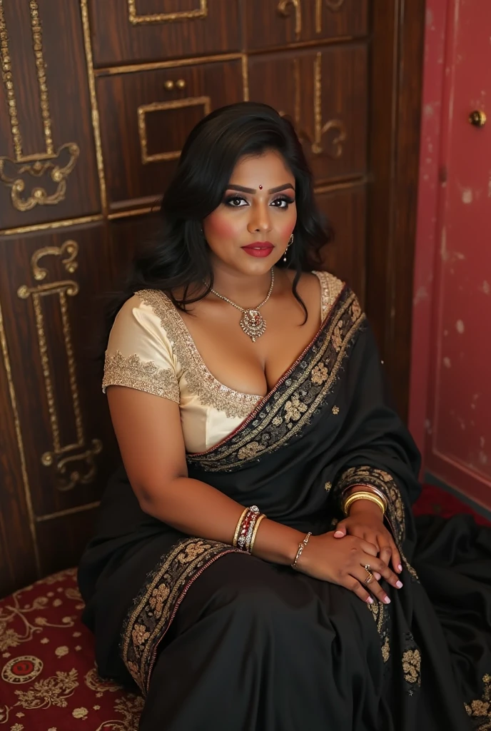 best quality,4k,8k,highres,masterpiece:1.2,ultra-detailed,realistic:1.37,sexy,40 years old,big busting busty,chubby,fatty,horny, dark black skin, Kerala aunty in flowerful colorful Tamil Nadu traditional saree dress,Ponytail with Puff hairstyle,sexy dark room,full sexy body structure in having sexual pleasure position by laying on her rose petals filled bed