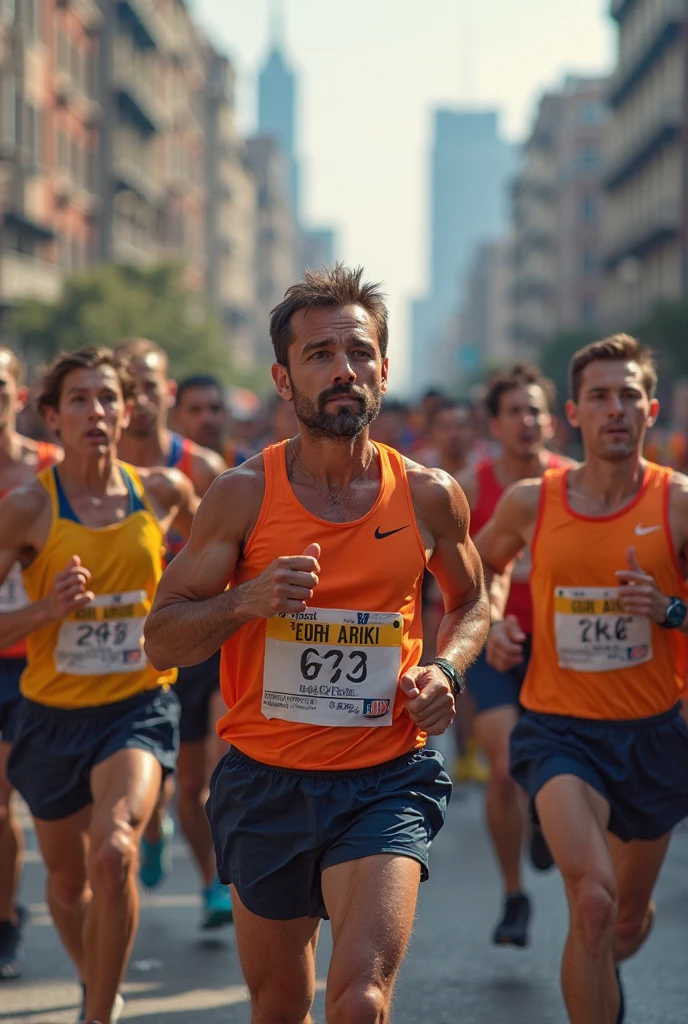 A high-quality photo of a large group of Brazilian people running in a marathon during the daytime. The runners, wearing a variety of colorful athletic gear, are in mid-stride, with expressions of focus and determination. sunlight dapples the ground, creating dynamic shadows. The scene is lively with spectators cheering from the sidelines, and the overall atmosphere is energetic and celebratory.