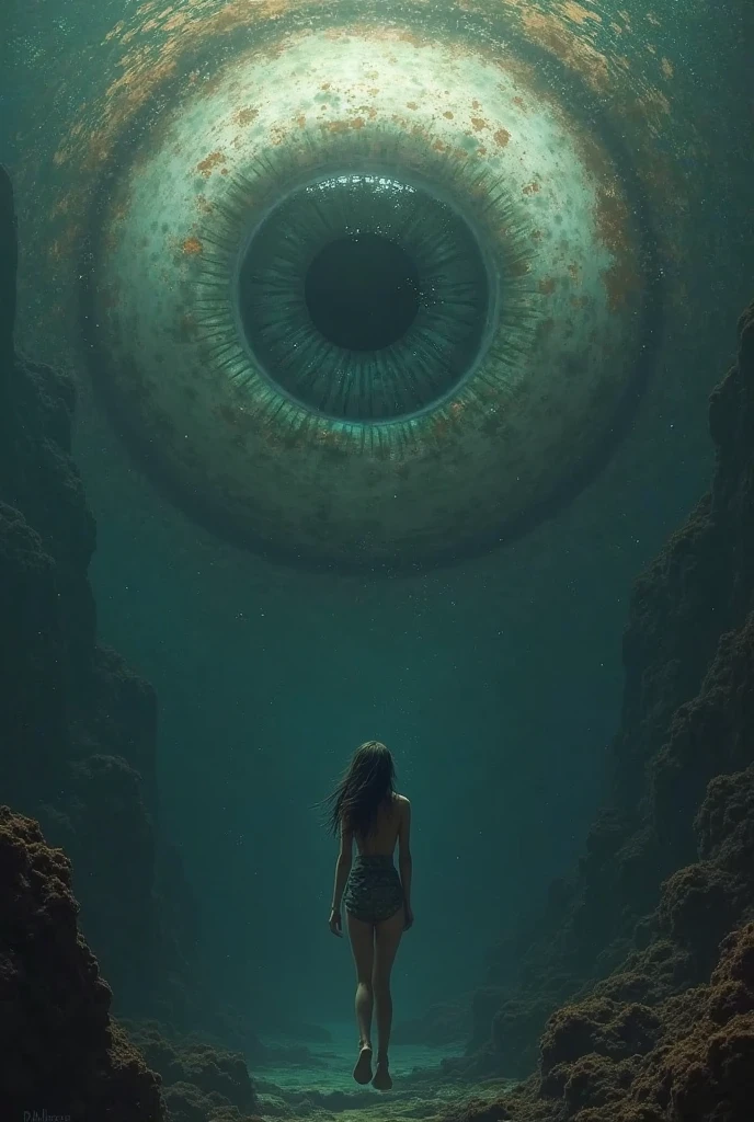 a dreamlike and captivating underwater scene, where imagination meets reality. In the foreground, (( a woman diver detailed explores the depths of a colorful coral reef, surrounded by small bioluminescent creatures that dance around her, leaving behind luminous trails )). The tropical fish with pulsating lights and the vibrant corals of all colors enhance the brilliance of this underwater landscape. Bioluminescent orbs float in the water, emitting a soft blue light and creating mystical reflections. As we move towards the water's surface, the composition transforms into a cosmic vision. A powerful wave breaks, revealing within its swirling crests a massive human eye, symbolizing divine observation. Just above this wave, a dolphin leaps gracefully, leaving behind a trail of stardust, connecting the sea and the starry sky. Ethereal bubbles reflecting the cosmic sky float gently around the underwater scene.The sky in the background is a blend of blue, violet, and golden hues, with a luminous moon that appears both near and far. The scene is enveloped in a shimmering mist, giving it an ethereal quality. This fusion of marine and celestial elements creates a surreal and poetic scene, inviting the viewer to dive into a waking dream where the boundaries between worlds blur. Envelop the entire scene in a soft, shimmering haze that adds to the ethereal quality. Atmosphere: Evoke a mystical and dreamlike atmosphere, blurring the boundaries between reality and imagination. A peaceful atmosphere. Use lines and patterns to naturally direct the viewer’s attention upwards. Envelop the entire scene in a soft, shimmering haze that adds to the ethereal quality. Atmosphere: Evoke a mystical and dreamlike atmosphere, blurring the boundaries between reality and imagination. Create a sense of depth and dimension with sharp details in the foreground and midground, and a slightly softer focus on the cosmic elements in the background. A peaceful atmosphere,