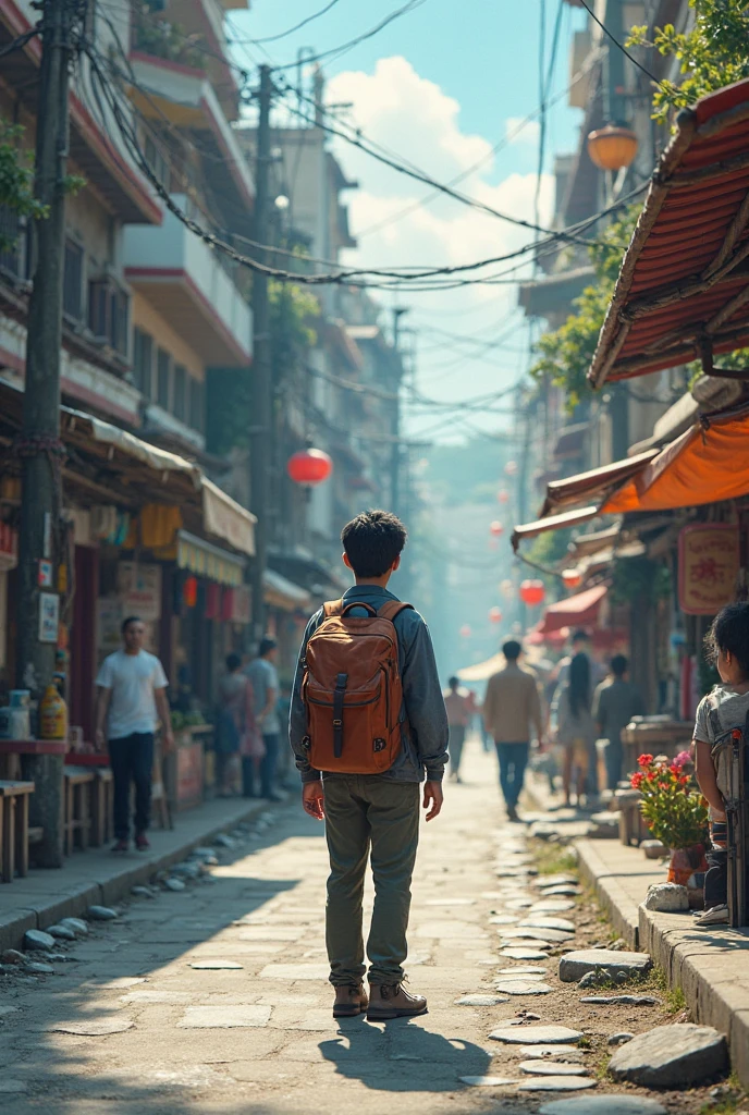 "Capture a candid moment of a 20-year-old boy exploring an unknown place. He’s standing at the edge of a street or a scenic viewpoint, with a backpack slung over one shoulder and his gaze fixed on the horizon. The surroundings are unfamiliar but intriguing – maybe it’s a quiet alley, a bustling market, or a serene park. The mood is adventurous, full of curiosity and the excitement of discovering something new. Natural light highlights the scene, adding warmth and a sense of spontaneity to the image. The overall vibe is one of freedom, exploration, and embracing the journey wherever it may lead."