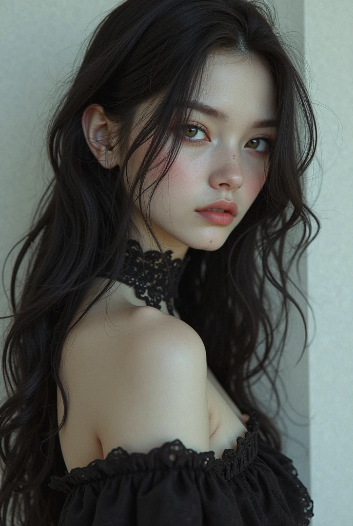 best quality, masterpiece, (lifelike:1.4), 1 17 year old girl, A faint smile, Dark green hair，White nurse uniform，Nipple protrusion，Wet，A lot of sweat，Marks，blushed skin，/Upscale，Height 175cm，Natural beautiful face，slim body，Pure white background，Fair and rosy skin，Messy Curls，whole body