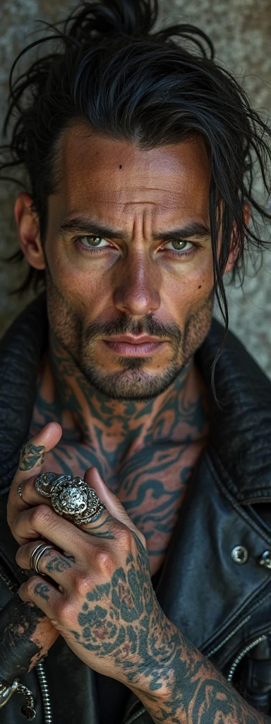 Home is a strong place, beautiful light brown hair green eyes, with the features of actor Johnny Depp full of tattoos on his body 
