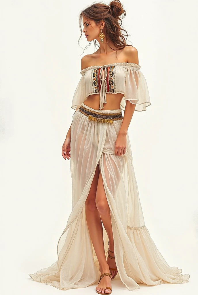 A beautiful skinny girl with beautiful face thin arms thin waist thin skinny long legs big breasts wearing boho dress show full body standing in sexy pose