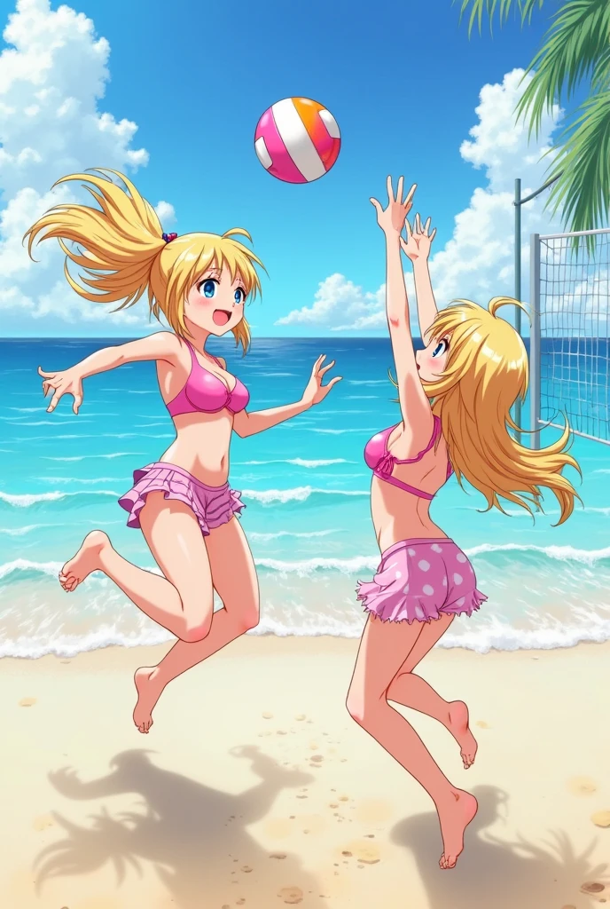 two beautiful girls playing beach volleyball on the sand, blonde hair, tanned skin, athletic body, smiling, dynamic pose, shiny summer day lighting, golden sand, (best quality,4k,8k,highres,masterpiece:1.2),vibrant colors,dynamic composition,dramatic lighting,volumetric fog,shallow depth of field