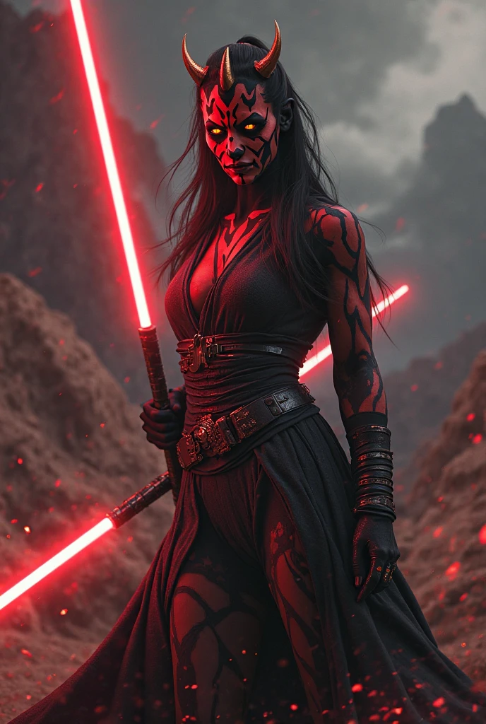 an athletic female twi'lek sith lord, sexy, red skin, in the middle of a fight, bruised, sweaty, darth talon