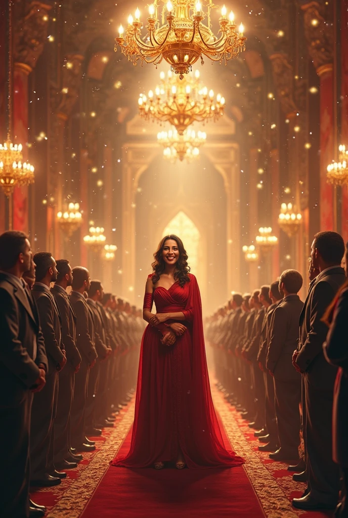 The Royal Ball:"Shila makes a dramatic entrance into a lavish palace ballroom. The room is filled with grandeur, featuring majestic golden drapes, crystal chandeliers, lots of royal foods, fountain of champagne and elegant floral arrangements. Guests in stunning traditional dhoti Punjabi attire , marvel at Shila’s beauty  with gorgeous lahenga as classical Indian music sets a sophisticated tone."