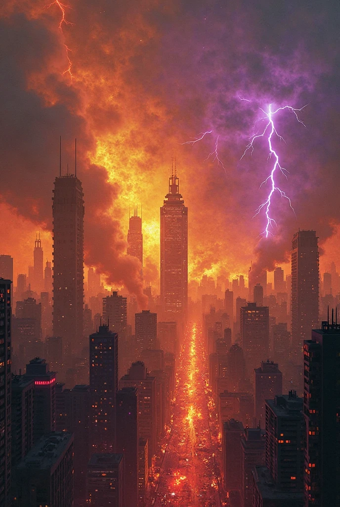 Apocalypse, city, end of the world, metropolis of destruction, meteorites falling, explosions, very detailed, high quality, super definition, ultra 8k quality, super quality, houses collapsing