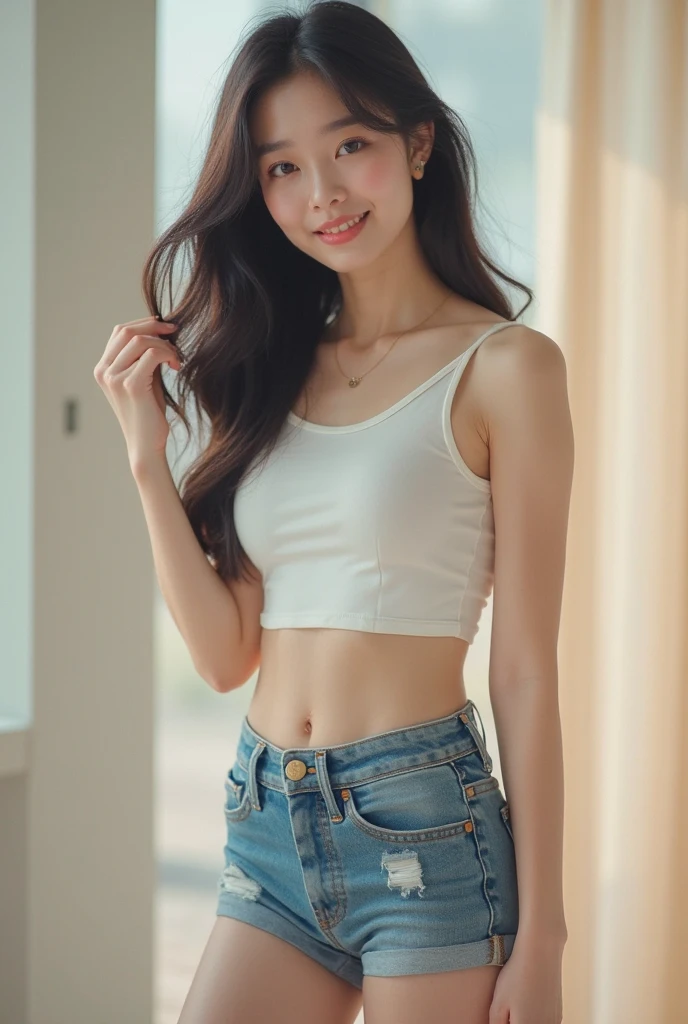Ultra-high resolution,photograph,Highest quality,photographのようなHighest quality,Japanese,Beauty,woman,beautiful girl,Freshman,Age 25,Beautiful Face,Cute Face,Smile,Beautiful Hair,Straight Hair,,Fair skin,Beautiful legs,Beautiful thighs,full body,White sleeveless,Skinny jeans,Beautiful arms,Open Terrace