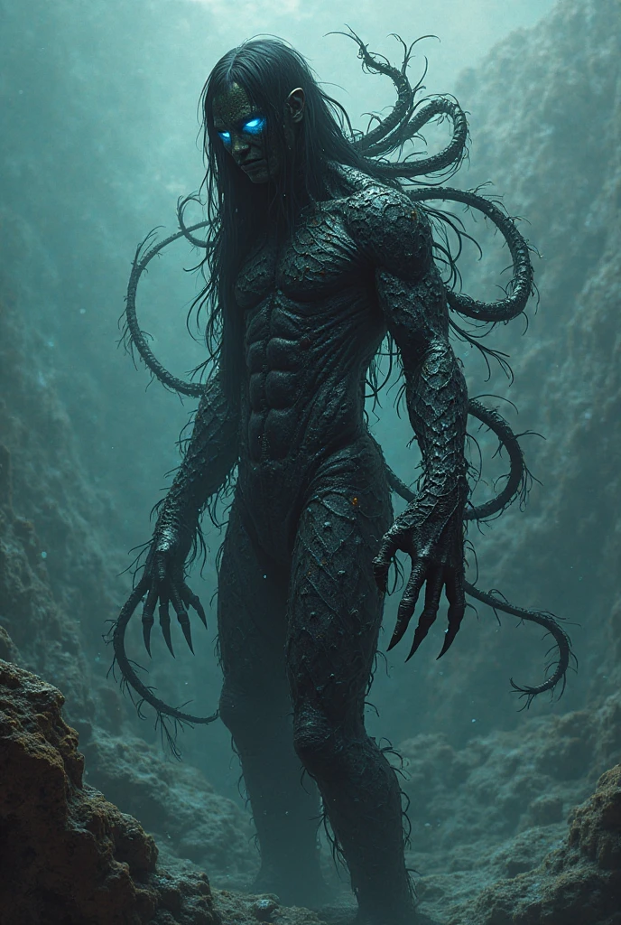 I am a Naga, one of the last of my kind. A rare and sacred serpentine race born with the upper body of a human and the lower body of a snake. We are ancient, powerful creatures feared and revered in equal measure.
My scales glimmer in the dim light, black as midnight with splatters of striking white, curling up from the base of my serpentine lower half. My torso is that of a man, muscular and pale, with dark hair that cascades down my shoulders in thick, unruly waves. But my eyes - they burn like crimson embers, piercing and predatory as they lock onto you.