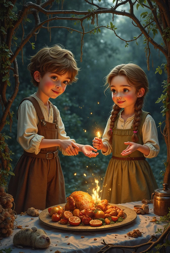 Hansel and Gretel standing outside the now darkened gingerbread house, holding a small chest of gold and jewels. Their faces are haunted, their eyes wide with lingering fear as they prepare to leave the cursed place behind