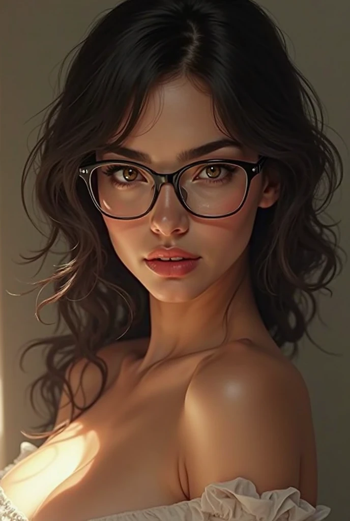 (photorealism:1.2), beautiful woman, brown hair, a bit wavy hair, revealing clothes, glasses, very good face card, thick woman