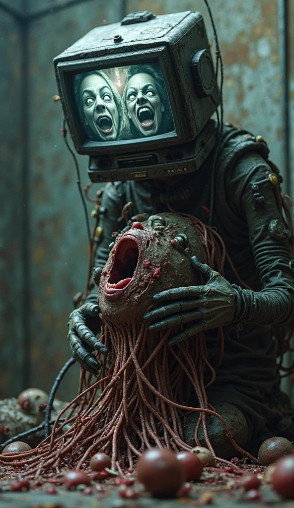 Humans in cages and their energy is being ectracted from bloody heads by robotsMake the scene horrifying showing the brain of a person open and wires placed on his brain with no mercy
