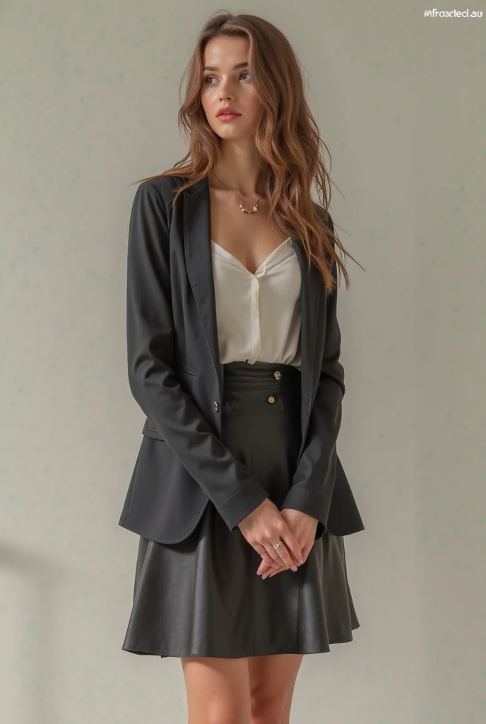 (top-quality、8K、32K、masterpiece、nffsw:1.2)、1girl in、beautiful japanese female、big breasts thin waist、Gray suit、Open jacket、OL、Suits、trouser、from the rear、Office、desk work、(stick out buttocks:1.2)、finerly detailed face、Layered Hair Style、age19
