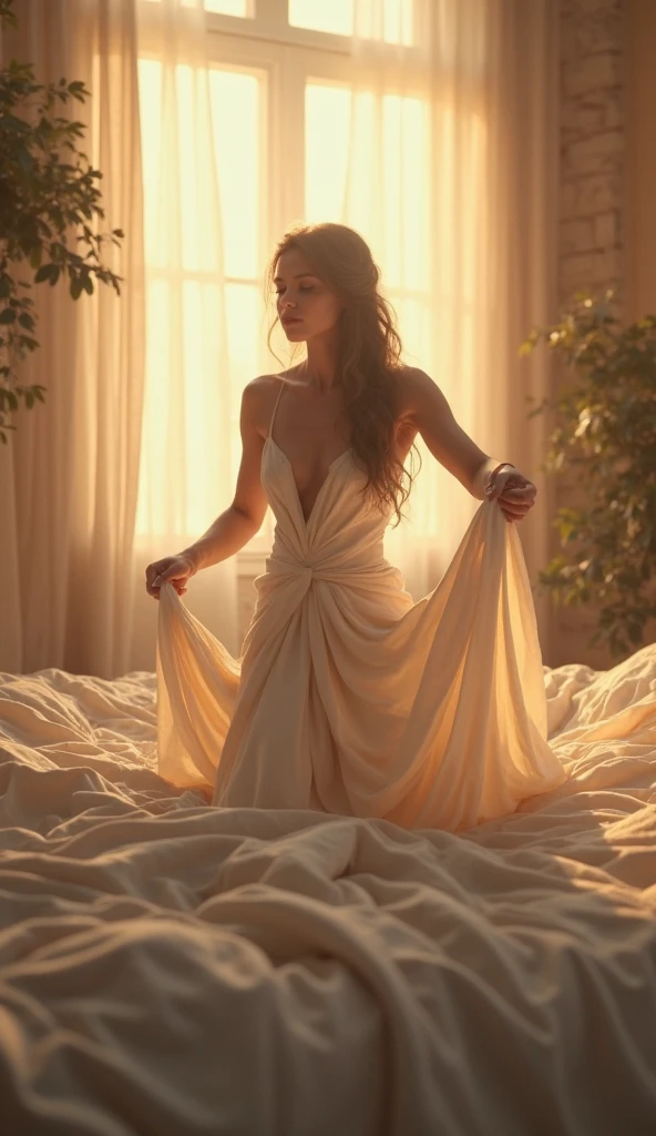 1girl,(bright lighting,romantic setting),dreamy background,,dark hair, mesmerizing gaze, , soft skin, alluring beauty, artistic portrait, high-quality image, vibrant colors,translucent long silk gown, mosquito net, lying down, romantic bedroom, sidesuspension