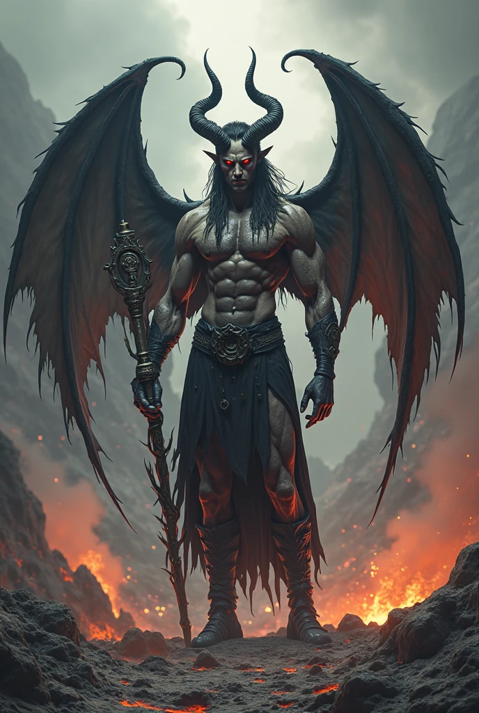create the image of a hellish being, a demon with 4 arms and 4 swords, two on your waist and two on your back. he has gray skin, 4 horns and magic emanates from his body, he wears clothes similar to those of a samurai.