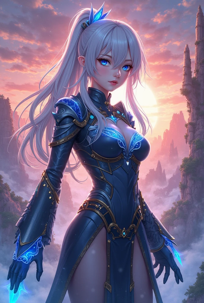 1girl, (solo), elf, long asymmetrical hair, white hair, long pointed ears, ((purple eyes!!)), serious, blushing, (medium breasts), dark skin, (knight), chainmail, plate armor, sitting on water, medieval castle behind, medieval castle town, (days), (very sexy body, detailed face, detailed eyes, masterpiece, highly detailed, 8k, best quality, vibrant colors, digital art, concept art)