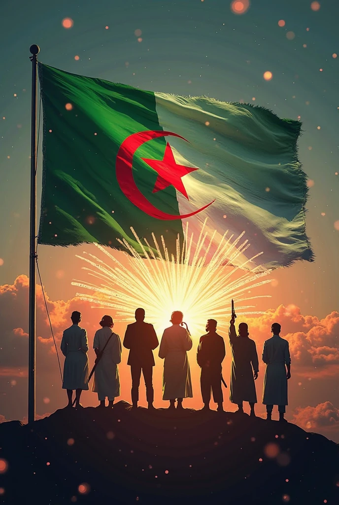 Drapeau algérien vers et blanc croissant de Lune Étoile de couleur rouge
ma patrie la résistance pour survivre prendre son indépendance le cri de joie d'enfant et de parents avec le drapeau dans leurs mains