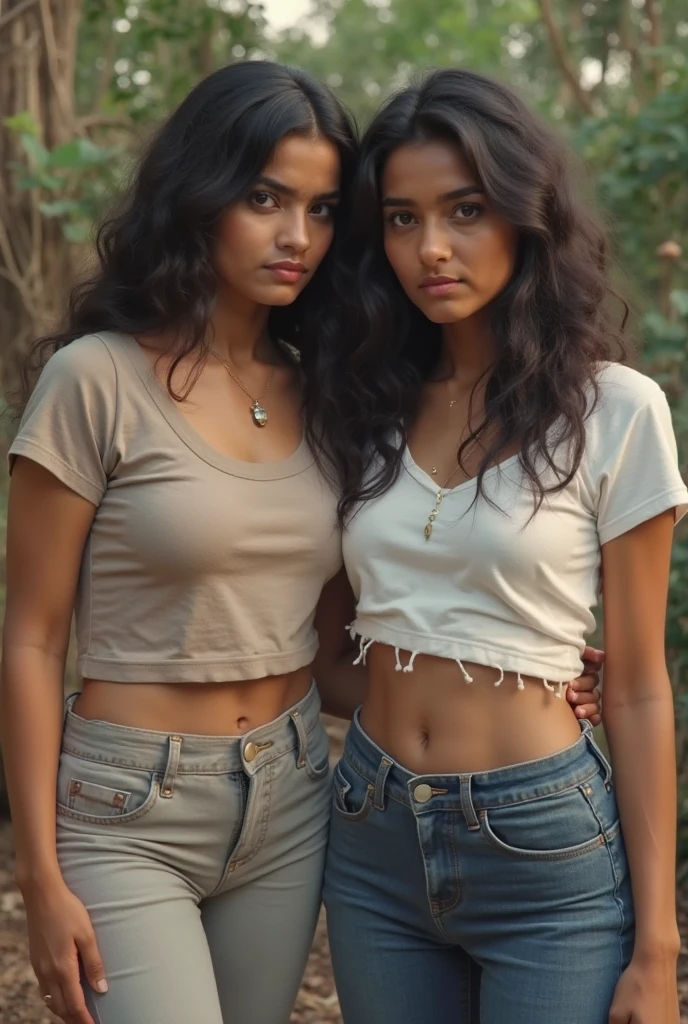 A beautiful Indian woman wearing jeans and t-shirt, whose waist is thinner than her , whose  is attractive, whose  are also attractive, who is standing in a city.