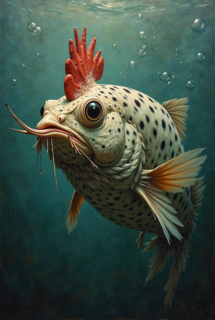     A surreal underwater oil painting of a hybrid creature with the head of a rooster and the body of a spotted catfish (surubí). The creature has a large rooster head with expressive, realistic eyes, a pronounced comb, and two long catfish whiskers (barbels) emerging from the sides of its beak near the nostrils. Its body is bulky and fish-like, covered in dark spots and scales. The creature swims gracefully beneath the water, surrounded by soft bubbles and dappled light filtering from above. The background is murky teal with subtle textures, painted in the style of classical realism with a dark, moody Baroque influence.

Style tags: surrealism, underwater, hybrid creature, classical oil painting, baroque lighting, chiaroscuro, highly detailed
