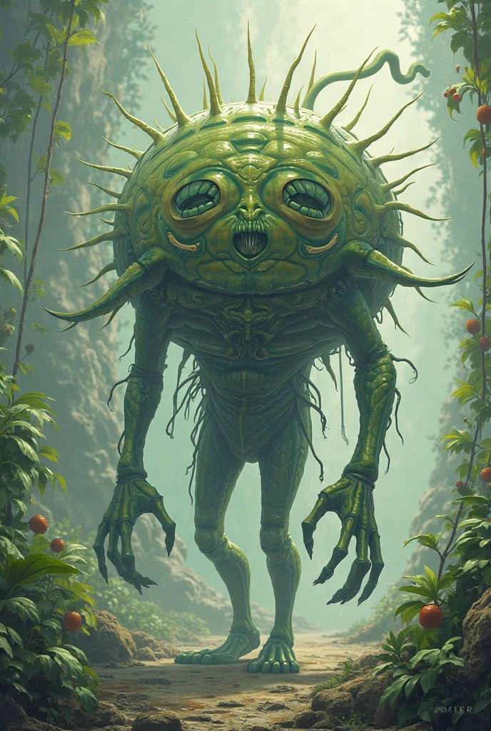A distance view of Translucent HyperRealistic hollow anthropomorphic Mamey sapote monster , in Forest, Detailed sunlight glowing, Leeds and barks in the grounds. Misty droplet over subject.