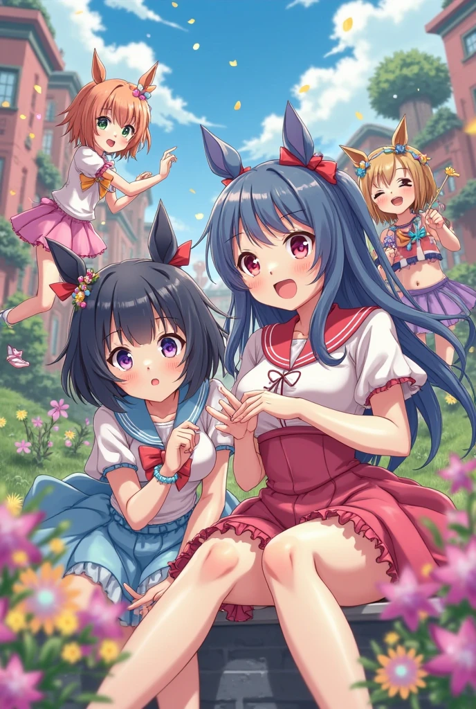 Underwear for two girls, Ages 5 to 10、Realistic panties made from patterned cotton fabric、Translucent slip、Skirt lining、Skirt flip、In the shadow of a dark tree、Put your hands on your crotch、tights、Peeking from below