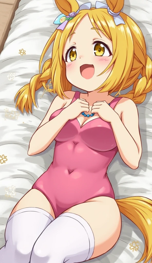 ４ｋqulity, top-quality, , big breast,）on the beds, show breasts, １６age,　sexypose, ultra-mini beautiful lingerie and stockingewitchingbeauty legs, closing eye　Feeling face　Love　Pee, pink microbikini, twin_drills, twintails, long hair, cat ears, yellow cat ea, red eyes, Himeko, bare shoulders, sleeveless, tail, hair bow, pink stockings, pink lingerie, show vaginal rupture, pink microbikini and stockings