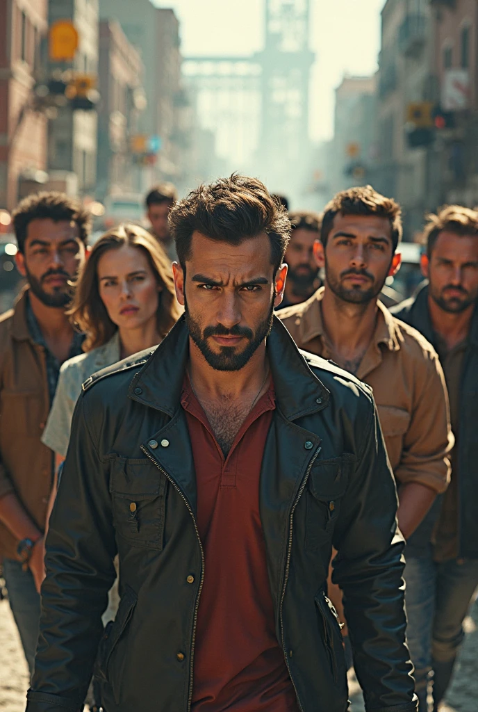 Generate a 1080*2400 sized wallpaper of 3 men. The have their number tattoo like 01 , 03 , 08 respectively on their chest . Ensure that their tattoo are visible clearly. The 01 number men 
are sitting on the roof of old blue dacia car and smoking a cigarette  in up head style. One of them is standing at left side of car and other one is on right side with guns. TOXIC are printed on the car number plate .This are are situated in infected area.