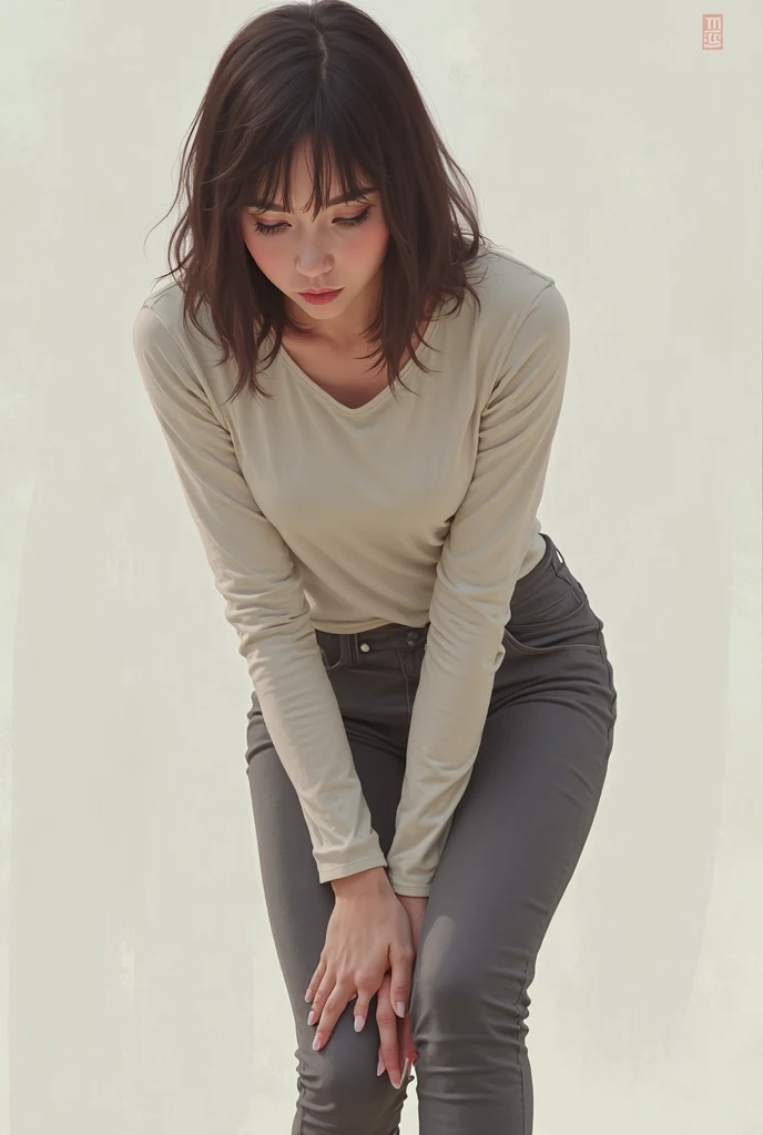 Woman in jeans and long sleeve t-shirt kneeling on the floor touching the floor with bend over slouch  front view
