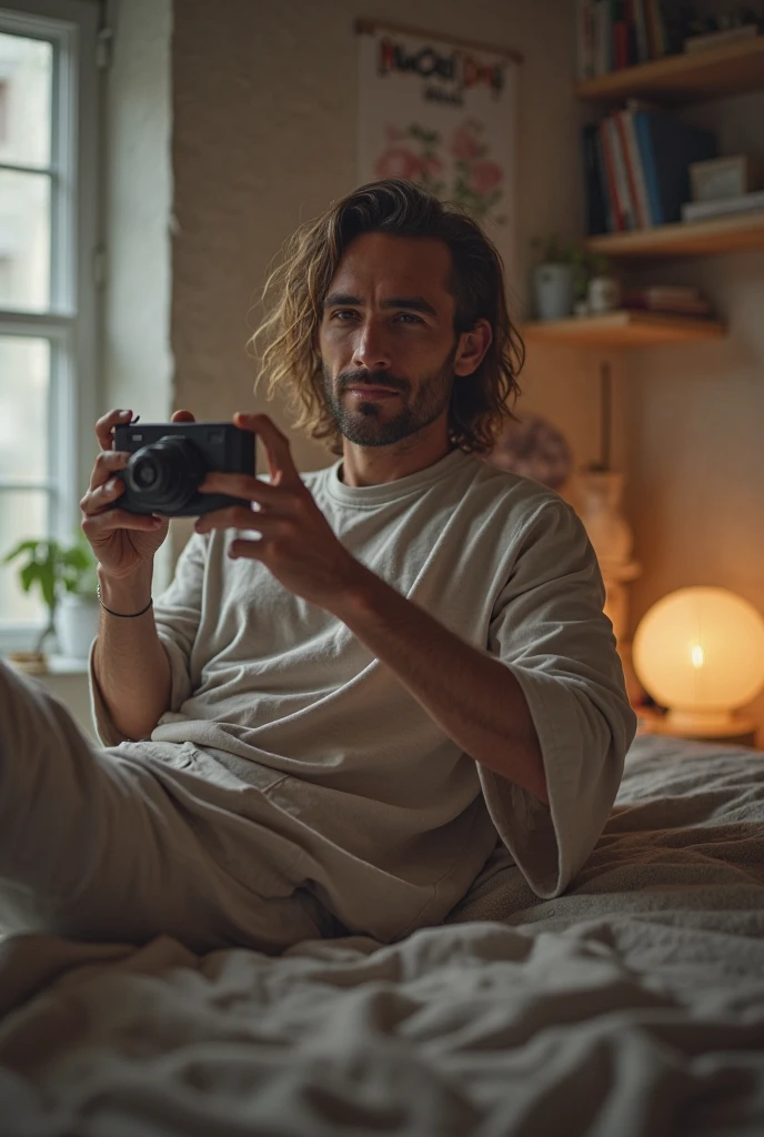 Man sitting on bed shirtless with camera showing him from the side