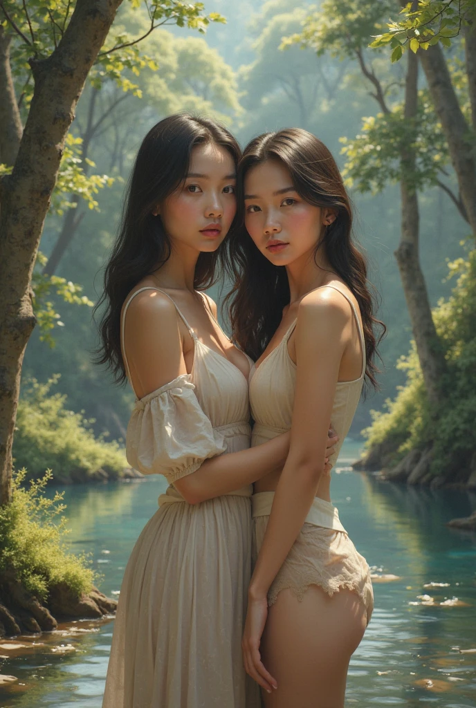 Giorgione painting style,Barbizon forest A beautiful woman in Greek dress smiles on the shore,Sweet and seductive appearance.、Caravaggio's paintings、Chiaroscuro of Caravaggio、hair tousled by the wind,Two women frolicking,cute smile, expression of ecstasy,Sexy,erotic, full body portrait