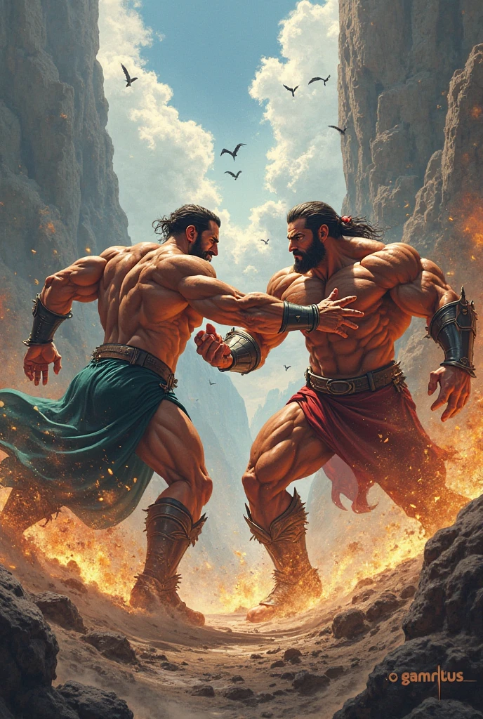 Two great warriors are fighting each other holding their mace fight ,both holding their maces,maces are looking like golden round maces and fight each other ,great bodies with six pack muscular bodies and blood on their bodies ,in that area blood flows like small water river
