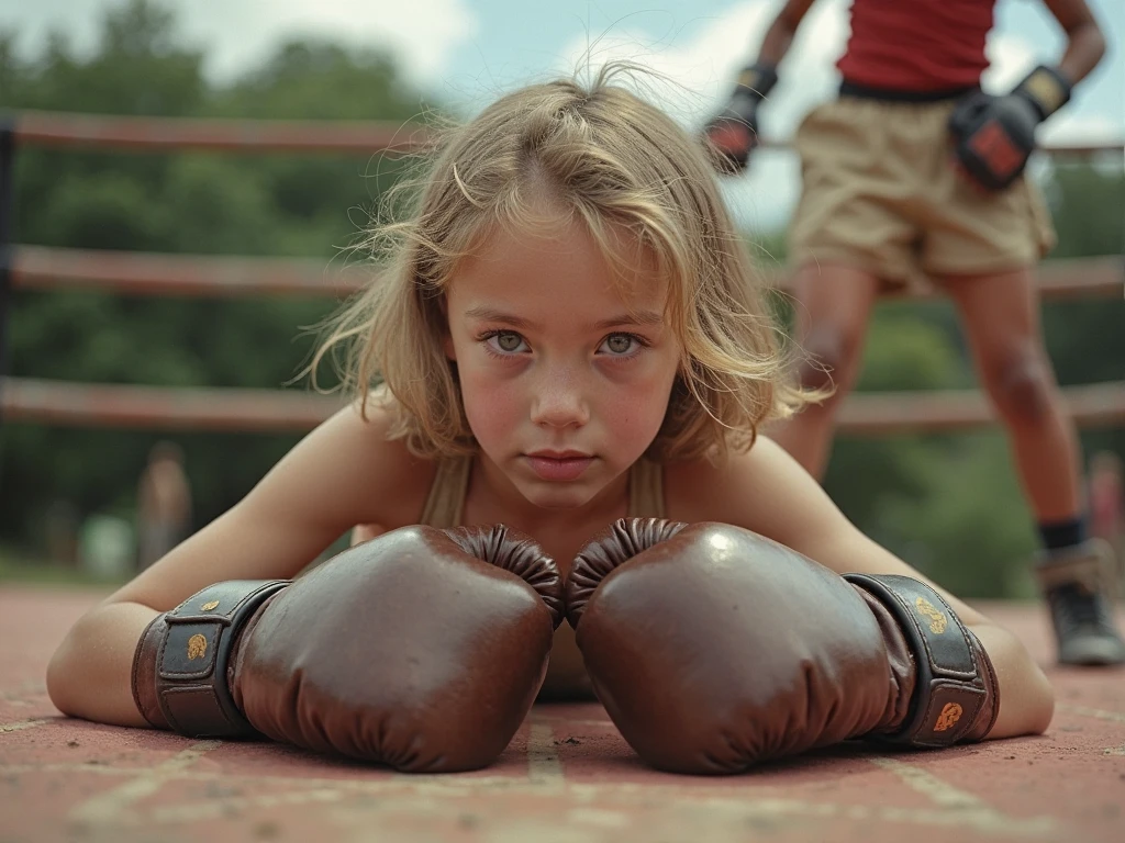 close-up of a hyper-detailed portrait of a BLONDE CHILD WITH HAIR IN BRAIDS 10 YEARS OLD beautiful, perfect body, teal background, WITH BOXING GLOVES, digital RAW color photo with extremely high details, ((using wireless headphones)), HDR, 8k resolution, smooth, (blur): 1.7, (warm and soft ambient light):1.8, atmosphere, realistic,  (volumetric mist):1.6, depth of field, side lighting, photographed on a Kodak box camera