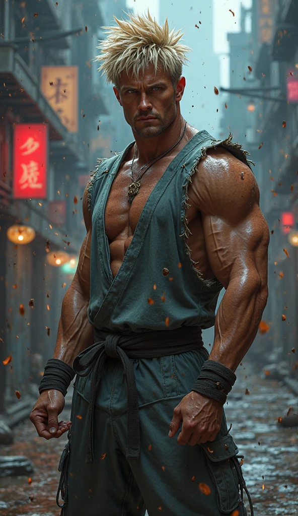 Uncle Shandong, A Chinese man around 30 years old, Rugged and handsome looking,short sleeves,biceps,Too big muscles, big waist, Captured in dramatic medium long shots with intricate detail., brush cut, angry, frown, A masterpiece of the highest quality,city lights background, ,Perspiring:1.5),(obesity:2),(skin wrinkles:1.5),(skin glow:0.5),half sideways