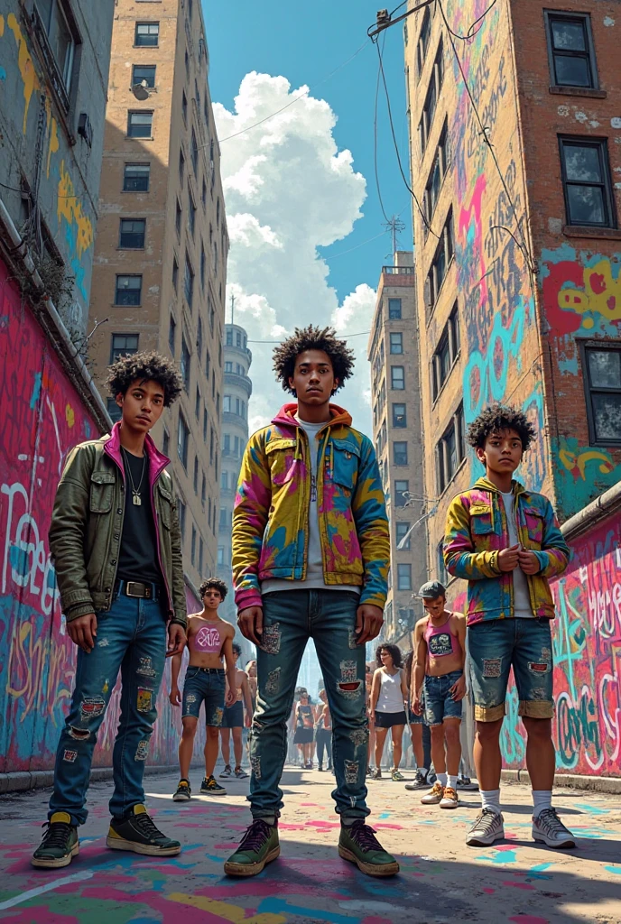 #SOD#"Hand-drawn cover for school male-themed rock album of older teens set in 1990s America, with corporate black race identity and rich color Afro American boys."
#EOD#