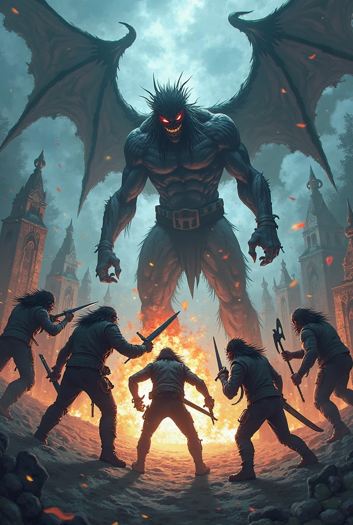 Create an image of a hellish terrain with a large demon as the main and central character of the image, and five characters who are fighting against him. The first one is a flying creature with a blue-colored sword of fire., as if he were one of the Hilden from the Legacy of Kain saga. Another one that is a woman with silver armor with wings and a hammer full of lightning. Another one that is a knight in black and white armor and an electric guitar .
Another warrior with a wild look, as if he were Sabertooth with long claws. And finally, a human warrior with a mechanical arm, as if it were Cable from X-Men.